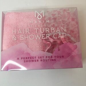 Women’s Hair Set New In Box Pink Hair Turban and Shower Cap